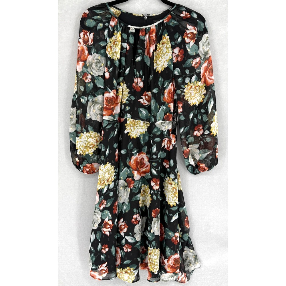 New Tahari Arthur S Levine Dress Womens 8P Black Floral Long Sleeve Chiffon Midi